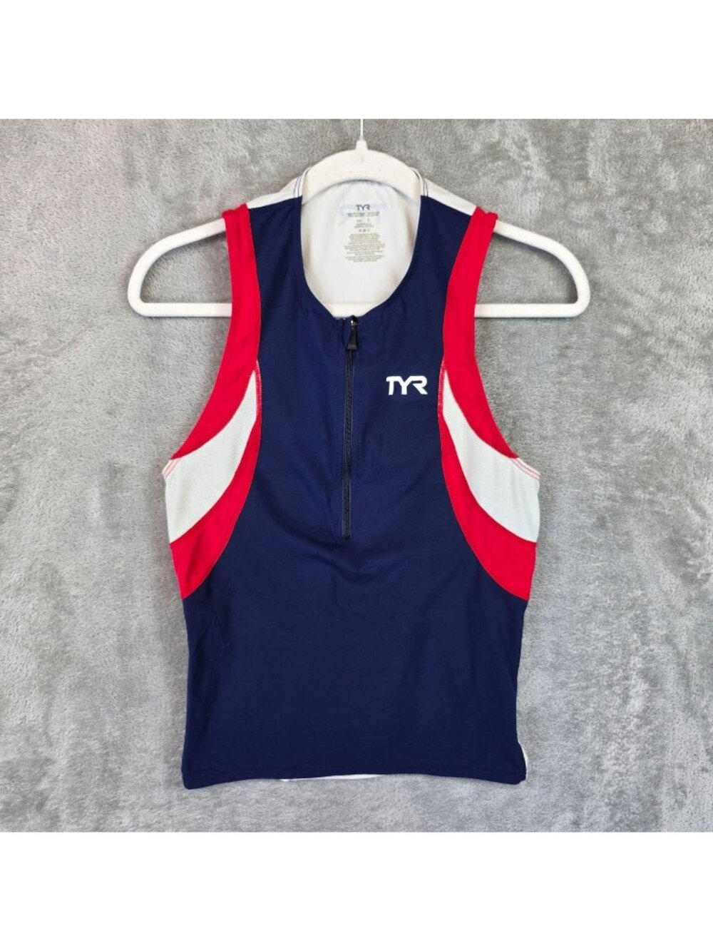 TYR Tank Top Mens Small Blue Red Sleeveless Quarter Zip Triathlon Cycling Jersey